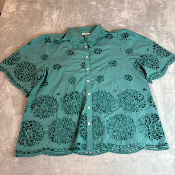 Sundance Rosalie Eyelet Top Women's Size S Teal Floral Puff Sleeve Button Up - Picture 1 of 15